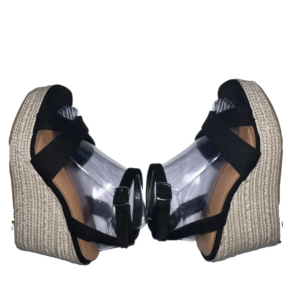 Torrid Black Suede Criss Cross Espadrilles Wedges Sandals Size 9WW Ankle Strap